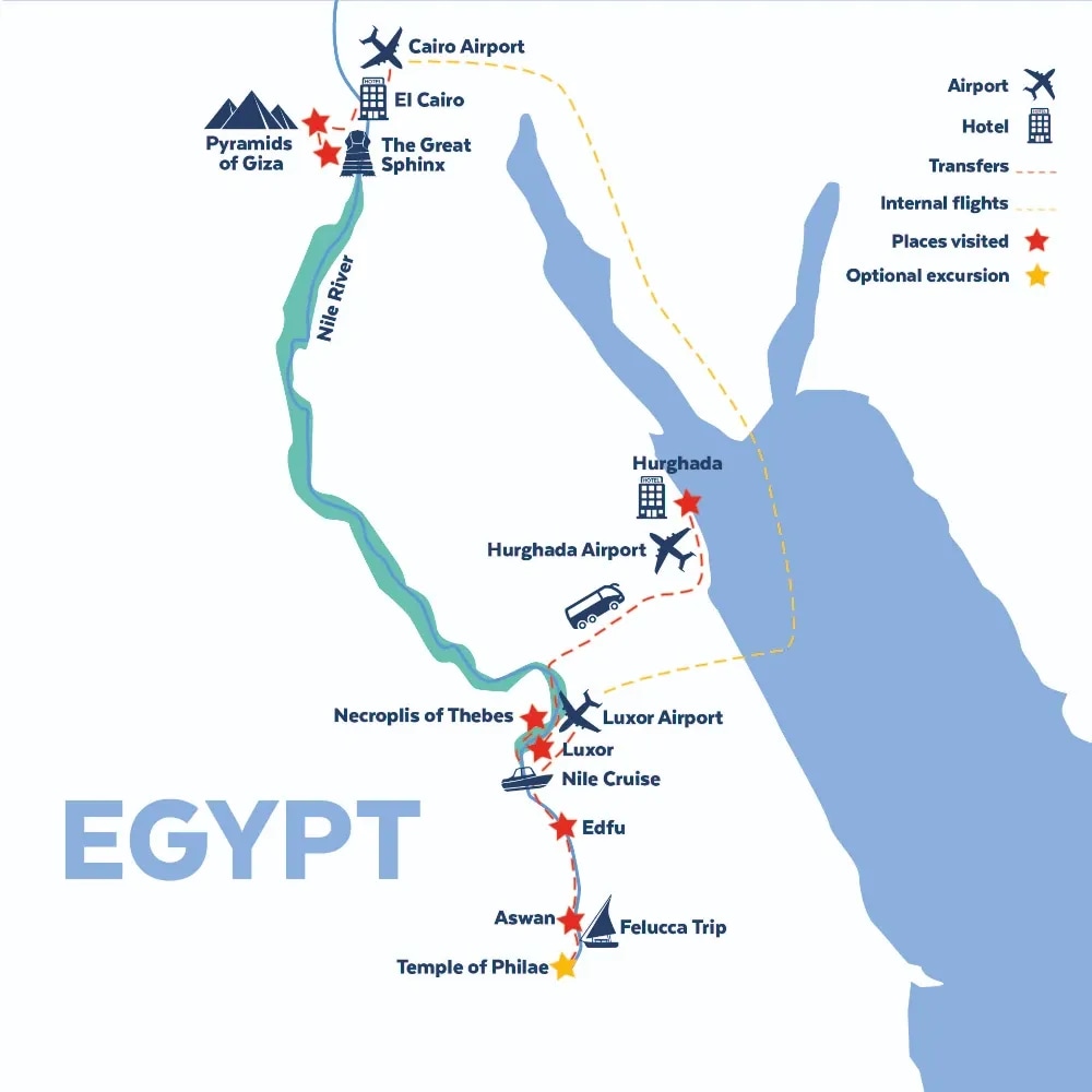 Tour map for Egypt - Nile River Cruise including Cairo & Hurghada