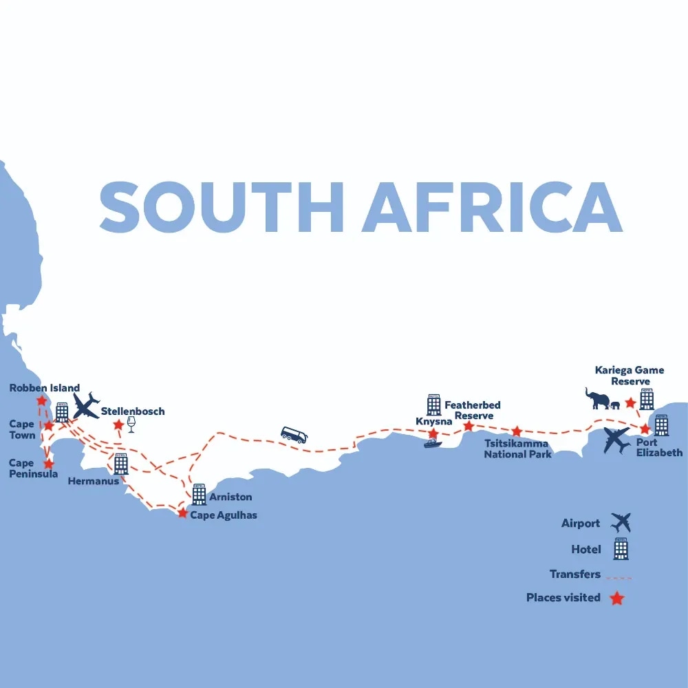 Tour map for Cape Town, the Garden Route & Safari incl. Dubai extension