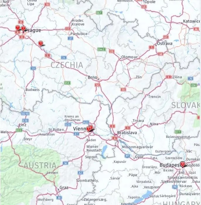 Tour map for Prague, Vienna & Budapest
