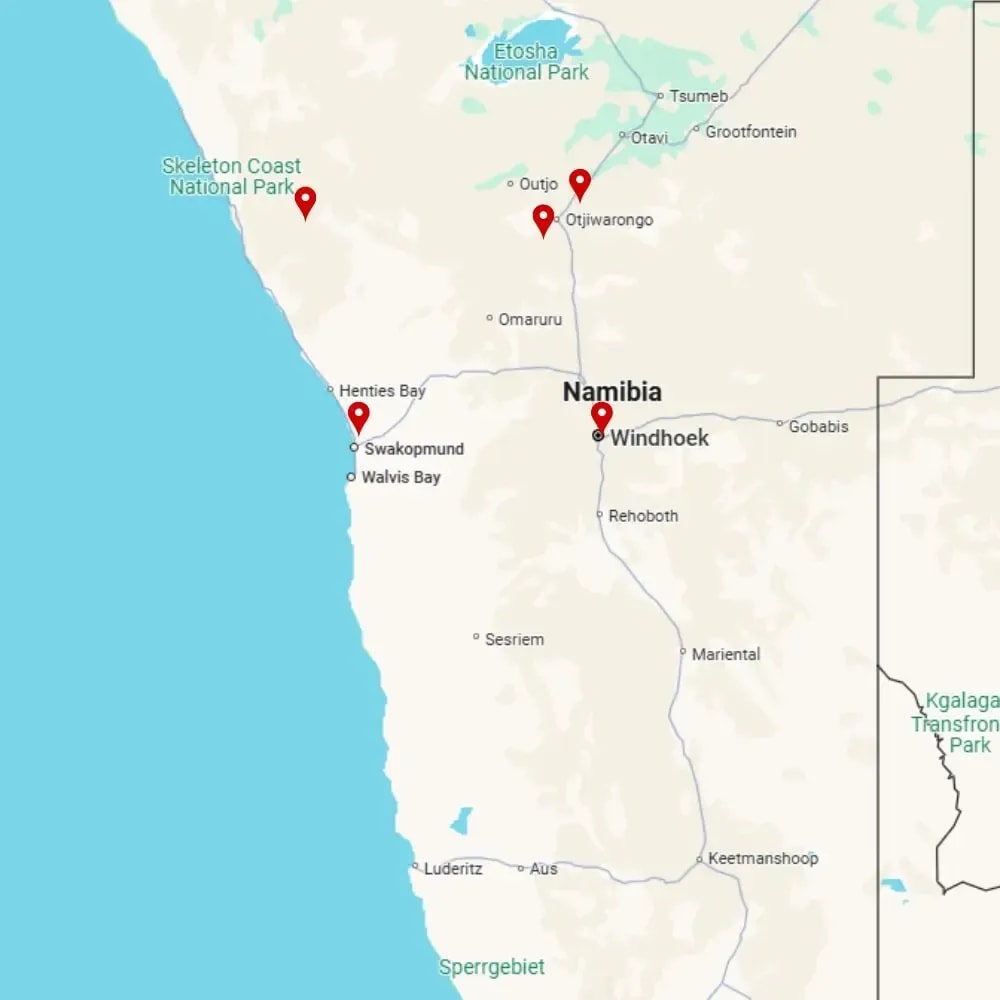 Tour map for Highlights of Namibia Solo Traveller - Unique Small Group