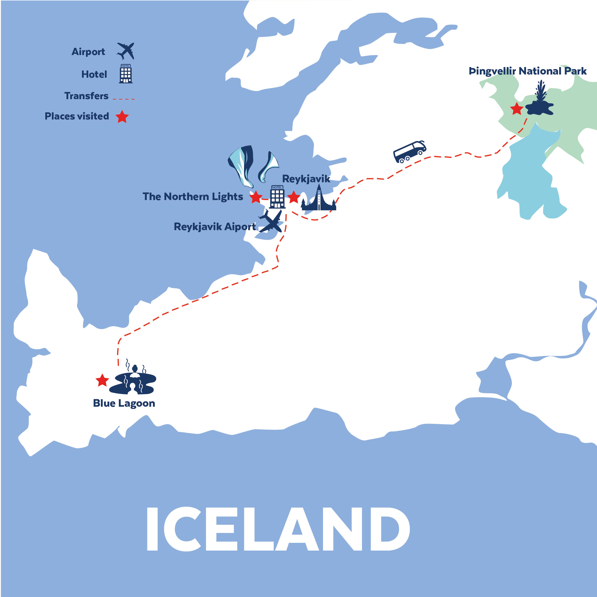 Tour map for Iceland & the Northern Lights - 4 Nights