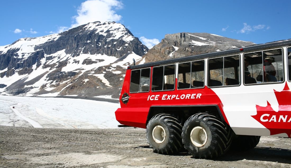 Take the Icefield Ice Explorer snowcoach on the Athabasca Glacier.
